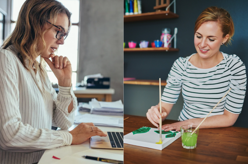 Split image showing focused work and painting to compare being busy vs being creative.