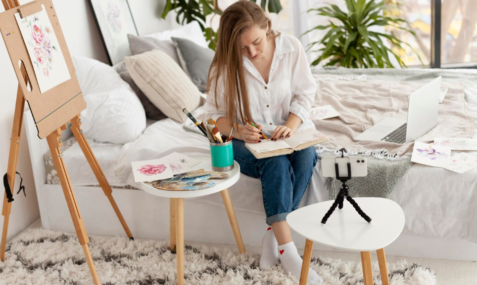 Woman painting, journaling, and recording creative work to show the benefits of multiple hobbies.