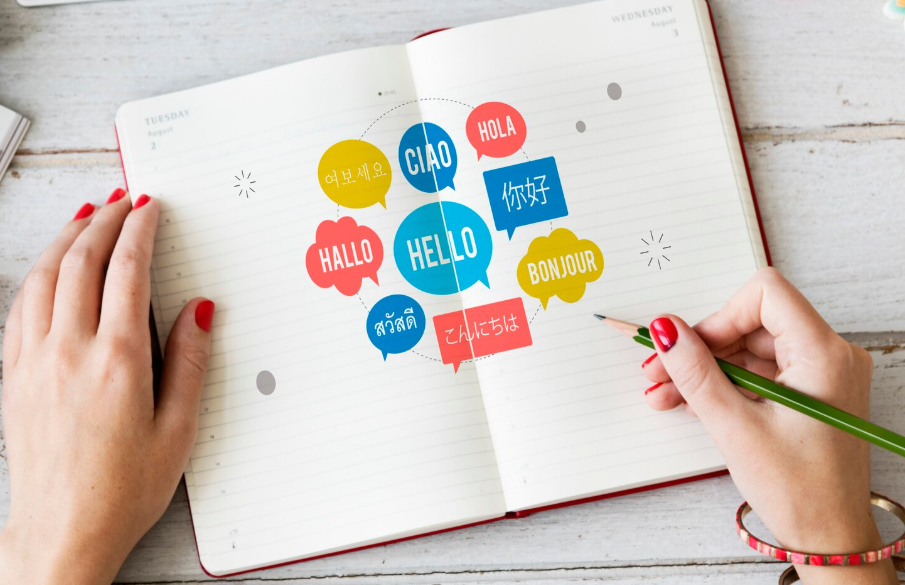 Notebook with multilingual greetings showing skills to practice daily through short language-learning sessions.